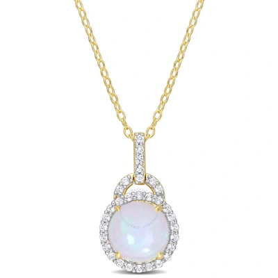 Amour 3 1/4 Ct Tgw Blue Ethiopian Opal And White Topaz Halo Pendant With Chain In Yellow Plated Ster