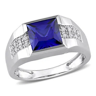 Pre-owned Amour 3 1/4 Ct Tgw Created Blue And White Sapphire Men's Ring In 10k White Gold