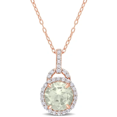 Amour 3 1/4ct Tgw Green Quartz And White Topaz Halo Pendant With Chain In Rose Plated Sterling Silve In Gold