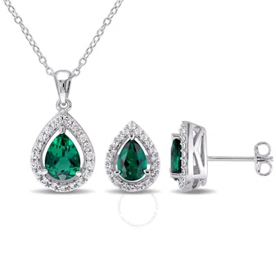 Amour 3 1/5 Ct Tgw Created Emerald And Created White Sapphire Teardrop Halo Pendant With Chain And S In Metallic