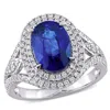 AMOUR AMOUR 3 1/5 CT TGW OVAL BLUE SAPPHIRE AND 3/4 CT TDW DIAMOND HALO COCKTAIL RING IN 14K WHITE GOLD