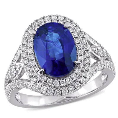 Amour 3 1/5 Ct Tgw Oval Blue Sapphire And 3/4 Ct Tdw Diamond Halo Cocktail Ring In 14k White Gold In Metallic