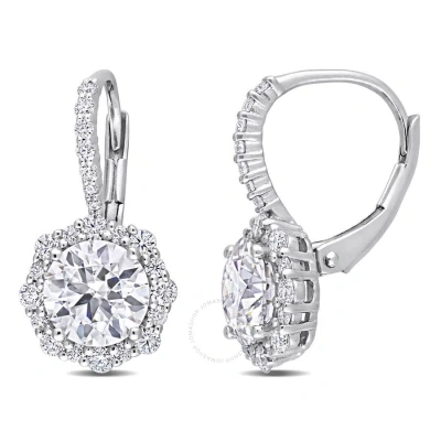 Amour 3 1/6 Ct Dew Created Moissanite Floral Halo Leverback Earrings In Sterling Silver In Metallic
