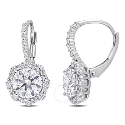 Amour 3 1/6 Ct Dew Created Moissanite Floral Halo Leverback Earrings In Sterling Silver In White