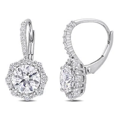 Pre-owned Amour 3 1/6 Ct Dew Created Moissanite Floral Halo Leverback Earrings In Sterling In White