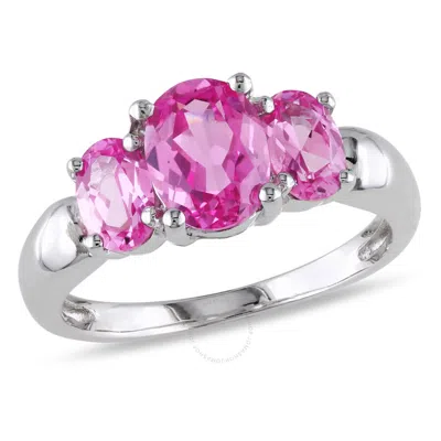 Amour 3 1/6 Ct Tgw Oval Cut Created Pink Sapphire 3-stone Ring In Sterling Silver