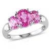 AMOUR AMOUR 3 1/6 CT TGW OVAL CUT CREATED PINK SAPPHIRE 3-STONE RING IN STERLING SILVER