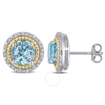 Amour 3 1/6 Ct Tgw Sky Blue Topaz And 1/6 Ct Tdw Diamond Halo Stud Earrings In Yellow Plated Sterlin In Two-tone