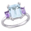 AMOUR AMOUR 3 2/5 CT TGW AQUAMARINE ROSE DE FRANCE 3-STONE ENGAGEMENT RING IN STERLING SILVER