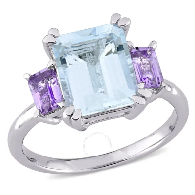 Amour 3 2/5 Ct Tgw Aquamarine Rose De France 3-stone Engagement Ring In Sterling Silver In Metallic