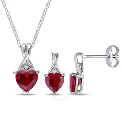 Amour 3 3/4 Ct Tgw Created Ruby And Diamond Heart Twist Pendant With Chain And Earrings 2-piece Set In White