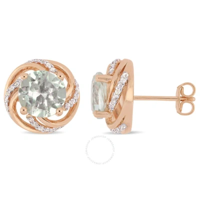 Amour 3 3/4 Ct Tgw Green Amethyst White Topaz Interlaced Swirl Halo Stud Earrings In Rose Plated Ste In Gold