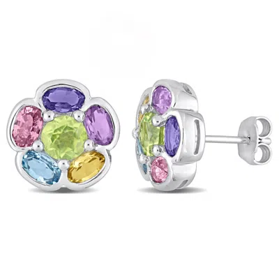 Amour 3 3/4 Ct Tgw Multi-gem Floral Stud Earrings In Sterling Silver In White