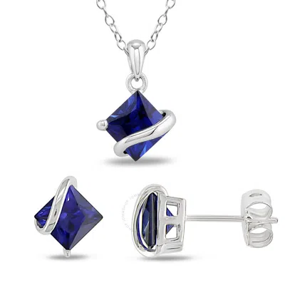Amour 3 3/4 Ct Tgw Square Created Blue Sapphire Wave Pendant With Chain And Stud Earrings 2-piece Se In White