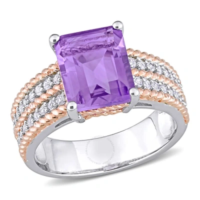 Amour 3 3/5 Ct Tgw Octagon Amethyst And White Topaz Cocktail Ring In White And Rose Plated Sterling In Two-tone