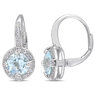 Amour 3 3/5 Ct Tgw Sky Blue Topaz And White Sapphire Halo Leverback Earrings In Sterling Silver In Metallic