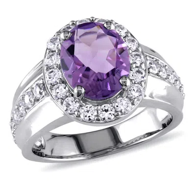 Amour 3 3/8 Ct Tgw Oval Cut Amethyst And Created White Sapphire Halo Ring In Sterling Silver In Green