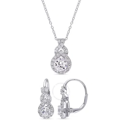 Amour 3 4/5 Ct Tgw Created White Sapphire Halo 2-piece Set Of Leverback Earrings And Pendant With Ch In Metallic