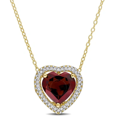 Amour 3 4/5 Ct Tgw Garnet And 1/5 Tw Diamond Halo Heart Necklace With Chain In Yellow Plated Sterlin