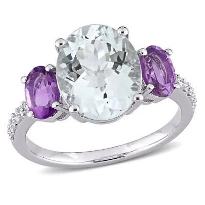 Pre-owned Amour 3 4/5 Ct Tgw Ice Aquamarine, Amethyst And 1/10 Ct Tw Diamond 3-stone Ring In White