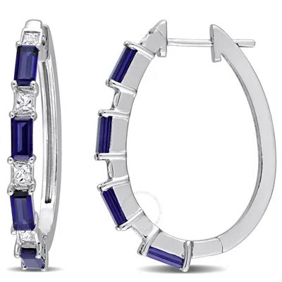 Amour 3 5/8 Ct Tgw Created Blue And White Sapphire Oval Hoop Earrings In Sterling Silver