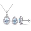 AMOUR AMOUR 3 7/8 CT TGW BLUE TOPAZ AND CREATED WHITE SAPPHIRE TEARDROP HALO PENDANT WITH CHAIN AND STUD E