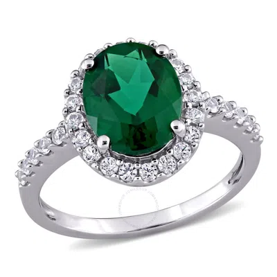 Amour 3 7/8 Ct Tgw Created Emerald And Created White Sapphire Halo Engagement Ring In 10k White Gold In Blue