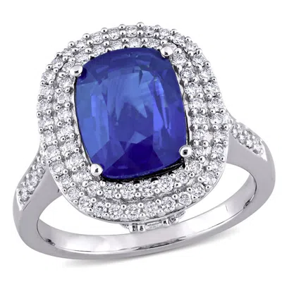 Amour 3 7/8 Ct Tgw Cushion Blue Sapphire And 1 Ct Tdw Diamond Halo Cocktail Ring In 14k White Gold In Metallic