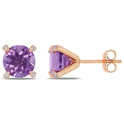 Pre-owned Amour 3 Ct Tgw Amethyst And 1/10 Ct Tw Diamond Martini Stud Earrings In 10k Rose In Pink