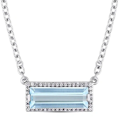 Amour 3 Ct Tgw Baguette Cut Blue Topaz And White Sapphire Halo Necklace In Sterling Silver