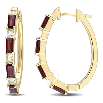 Amour 3 Ct Tgw Baguette Garnet & White Topaz Hoop Earring In Yellow Plated Sterling Silver In Gold