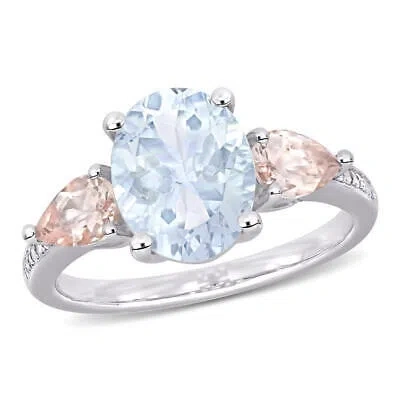 Pre-owned Amour 3 Ct Tgw Ice Aquamarine, Morganite And Diamond-accent 3-stone Ring In In White