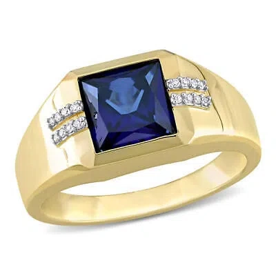 Pre-owned Amour 3 Ct Tgw Square Created Blue Sapphire And Diamond Accent Men's Ring In 10k In Yellow