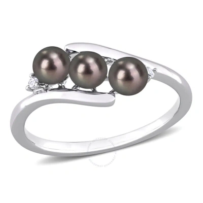 Amour 3.5-4mm Black Freshwater Cultured Pearl And Diamond Accent Triple Pearl Bypass Ring In Sterlin In Metallic