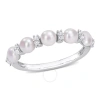 AMOUR AMOUR 3.5-4MM CULTURED FRESHWATER PEARL AND 1/8 CT TGW WHITE TOPAZ SEMI ETERNITY RING IN STERLING SI