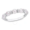 Amour 3.5-4mm Cultured Freshwater Pearl And 1/8 Ct Tgw White Topaz Semi Eternity Ring In Sterling Si In White