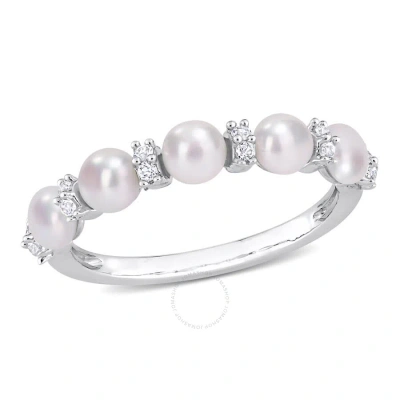 Amour 3.5-4mm Cultured Freshwater Pearl And 1/8 Ct Tgw White Topaz Semi Eternity Ring In Sterling Si