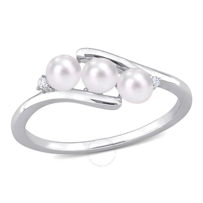 Amour 3.5-4mm Freshwater Cultured Pearl And Diamond Accent 3-stone Bypass Ring In Sterling Silver In White