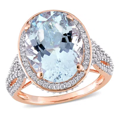 Amour 30 3/4 Ct Tgw Aquamarine And 7/8 Ct Tw Diamond Cocktail Halo Split Shank Ring In 14k Rose Gold
