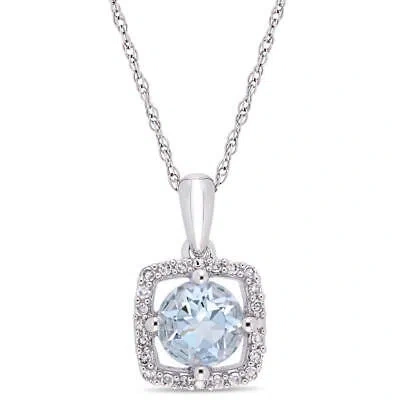 Pre-owned Amour 3/4 Ct Tgw Aquamarine And Diamond Square Halo Pendant With Chain In 10k In Blue