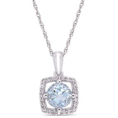 Amour 3/4 Ct Tgw Aquamarine And Diamond Square Halo Pendant With Chain In 10k White Gold In Metallic