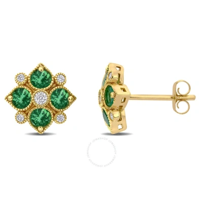 Amour 3/4 Ct Tgw Emerald And 1/8 Ct Tw Diamond Floral Stud Earrings In 14k Yellow Gold