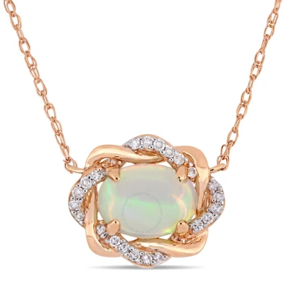 Amour 3/4 Ct Tgw Ethiopian Blue Opal And 1/10 Ct Tw Diamond Interlaced Halo Necklace 10k Rose Gold In Pink