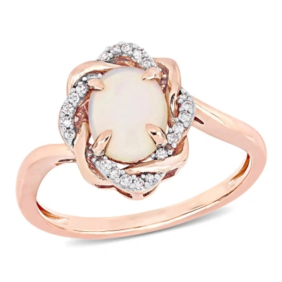 Amour 3/4 Ct Tgw Ethiopian Blue Opal And 1/10 Ct Tw Diamond Interlaced Halo Ring 10k Rose Gold In Pink