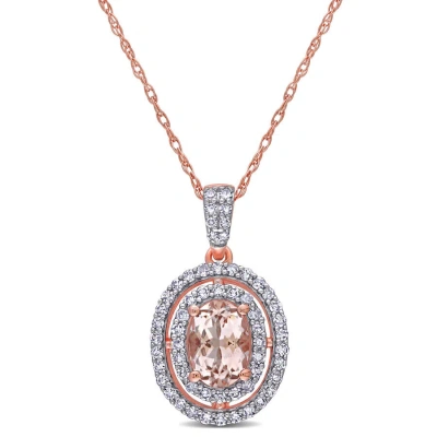 Amour 3/4 Ct Tgw Morganite And 1/3 Ct Tw Diamond Double Halo Pendant With Chain In 14k Rose Gold In Pink