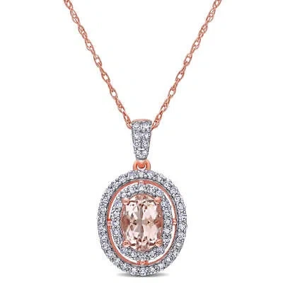 Pre-owned Amour 3/4 Ct Tgw Morganite And 1/3 Ct Tw Diamond Double Halo Pendant With Chain In Pink