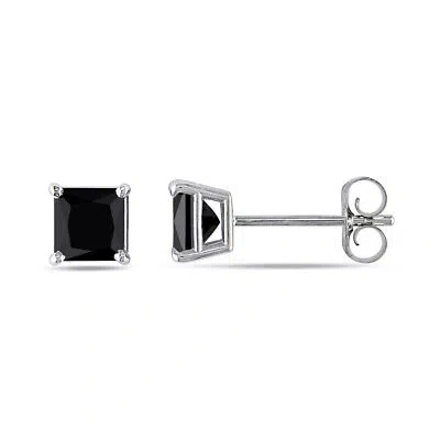 Pre-owned Amour 3/4 Ct Tw Princess Cut Black Diamond Stud Earrings In 14k White Gold