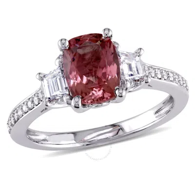Amour 3/4 Ct Tw Trapezoid And Round Diamond And Pink Tourmaline 3-stone Engagement Ring In 14k White