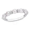 Amour 3.5-4mm Cultured Freshwater Pearl And 1/8 Ct Tgw White Topaz Semi Eternity Ring In Sterling Si In White