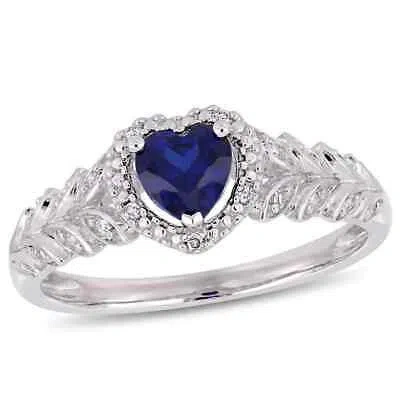 Pre-owned Amour 3/5 Ct Tgw Created Blue Sapphire And Diamond Halo Heart Ring In 10k White